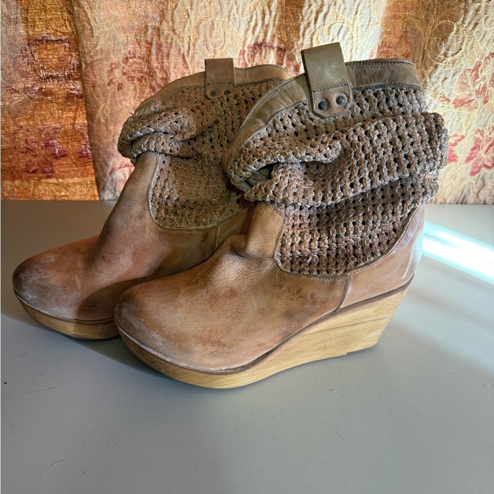 Bed Stu Brown Leather Wedges with Knit Detail